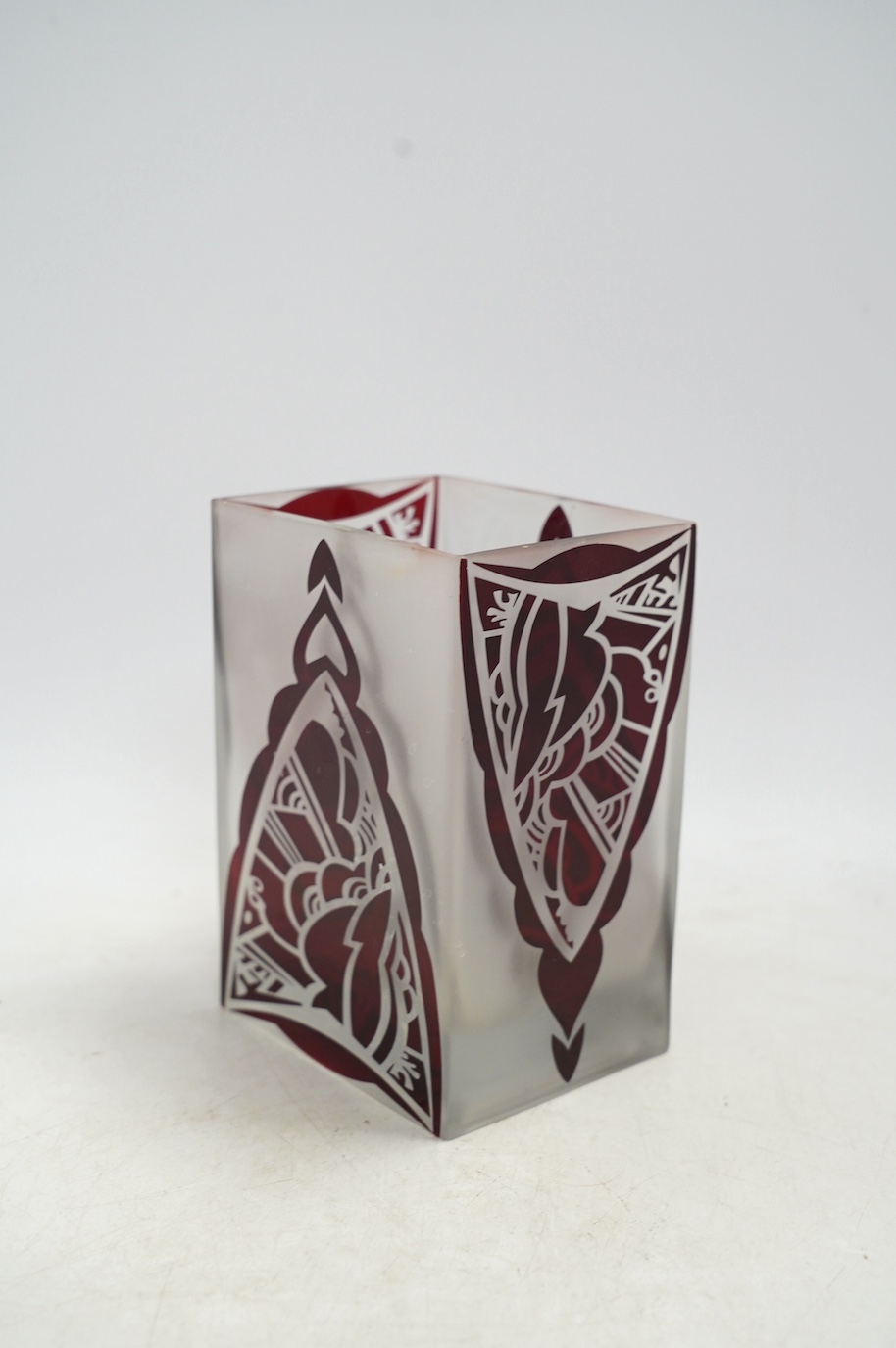 Three stylish glass vases including a red flashed example with etched initials to the base, WHG, largest 20cm high. Condition - good